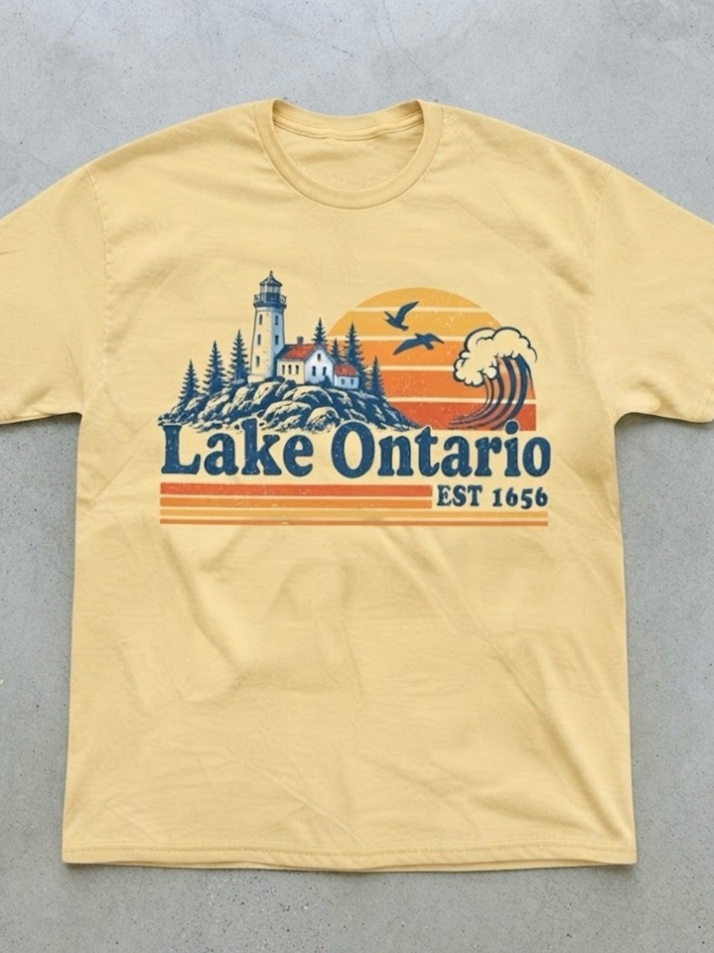 Lake Ontario Lighthouse & Waves Graphic Yellow Gildan T-shirt